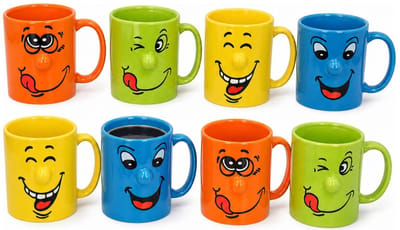 Gerimport Koffie / thee mok Funny Faces - 8x stuks - multi kleuren - 330 ml - mokken - keramiek
