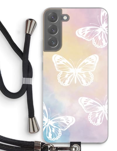 Case Company® - Hoesje met koord geschikt voor Samsung Galaxy S22 Plus hoesje met Koord - White butterfly - Telefoonhoesje met Zwart Koord - Bescherming aan alle Kanten en Over de Schermrand