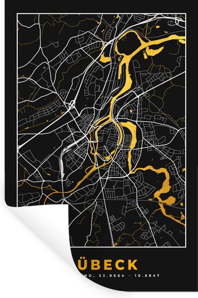 Muurstickers - Sticker Folie - Lübeck - Plattegrond - Goud - Stadskaart - Kaart - Duitsland - 20x30 cm - Plakfolie - Muurstickers Kinderkamer - Zelfklevend Behang - Zelfklevend behangpapier - Stickerfolie