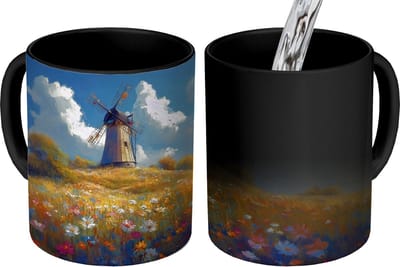 Magische Mok - Foto op Warmte Mokken - Koffiemok - Windmolen - Heuvel - Bloemen - Kleurrijk - Magic Mok - Beker - 350 ML - Theemok