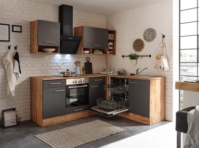 Hoekkeuken 220 cm - complete keuken met apparatuur Hilde - Wild eiken/Grijs - keramische kookplaat - vaatwasser - afzuigkap - oven - spoelbak