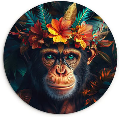 WallCircle® Wandcirkel 120x120 cm - Muurcirkel Chimpansee - Aap - Jungle - Bloemen - Dier - Muurdecoratie woonkamer - Wanddecoratie slaapkamer - Kamer decoratie accessoires - Ronde schilderijen XXL