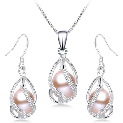 YWYC 8-9mm Natuurlijke Zoetwaterparel In Kooi Hanger Ketting Druppel Oorbellen & Hanger Sieradenset voor Vrouwen 45cm white