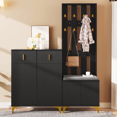 MODFU - Garderobeset - Schoenenkast Met Laden En Deuren - Kapstok Met Haken - Modern - Hal - Spaanplaat - Zwart