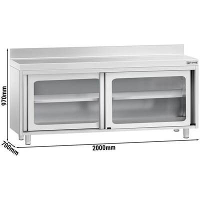 GGM Gastro Edelstahl Arbeitsschrank PREMIUM - 2000x700mm - mit Glasschiebetür & Aufkantung