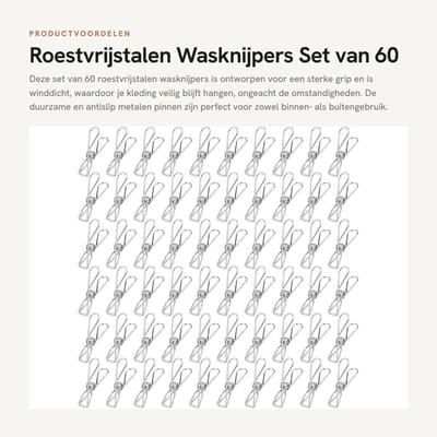 Dailygoods- Wasknijpers 60 Stuks - Roestvrij Staal - Duurzaam - Antislip - Winddicht - Voor Binnen/Buiten - Compact en Draagbaar - Waslijnclips