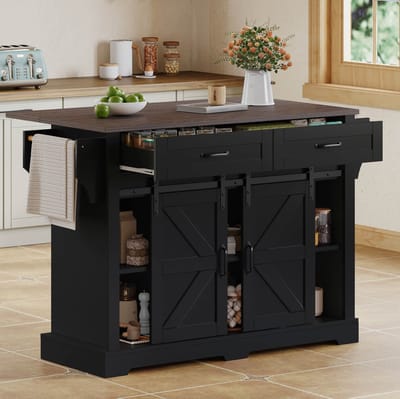 MEUNIQ keukeneiland 120 x 45(70) x 91 cm met klapbaar werkblad, 2 schuifdeuren, 2 lades, 5 wielen en verstelbare planken, keukenwagen voor keuken en eetruimte, zwart
