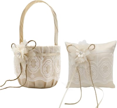 Bruiloft Set - Ringkussen Mandje - Ceremonie Decoratie - Handgemaakt Kant Bloemen - 15x15x15 cm - Champagne