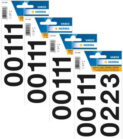 Herma Stickervel nummers - cijfers / getallen - 0 t/m 9 - 4x vellen - zwart - 33 mm - watervast