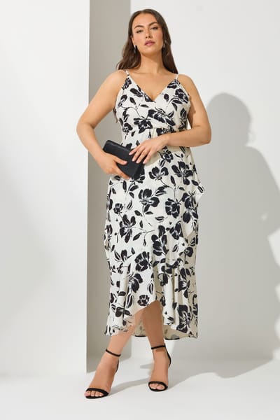Yours London Wikkeljurk Met Bloemontwerp En Camibandjes In Zwart/Wit Size 42