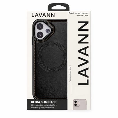 LAVANN Ultra Slim leren telefoonhoesje voor iphone 17 - zwart met bruin stiksel