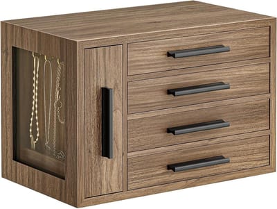 Juwelendoos Houten Organizer - Sieraden Opberger - Sieraden Opbergen - Transparant Venster - 27 x 16 x 18 cm - Bruin
