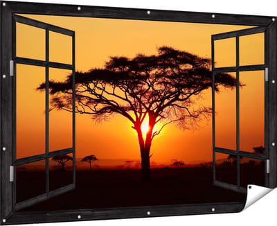Gards Tuinposter Doorkijk Zonsondergang Achter een Savanne Boom - 180x120 cm - Tuindoek - Tuindecoratie - Wanddecoratie buiten - Tuinschilderij