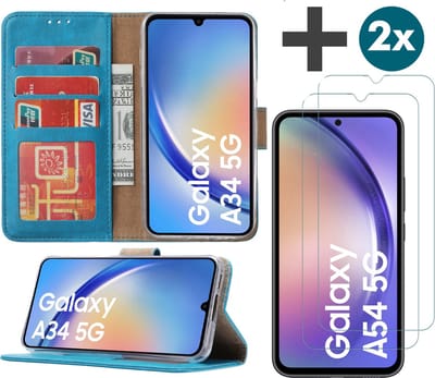Samsung Galaxy A54 (5G) hoesje - bookcase met pasjeshouder + 2x Screenprotector tempered glass - Turquoise