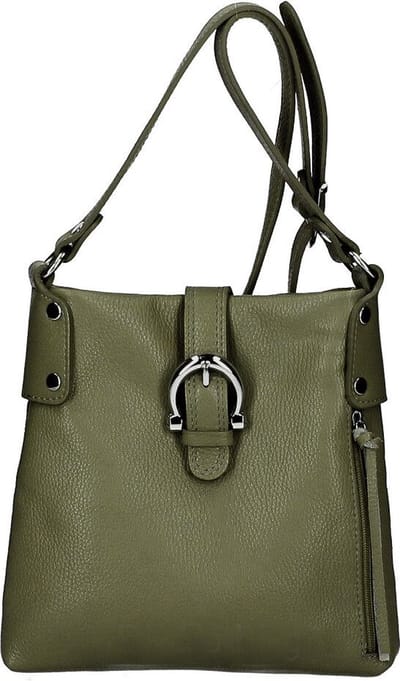 Schoudertas boho van echt Dollar-leer in MILITAIR GROEN kleur - metale stutting voor - schouderriem - ritssluiting