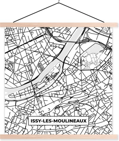 Posterhanger incl. Poster 40x40 cm - Schoolplaat - Stadskaart - Frankrijk - Issy-les-Moulineaux - Kaart - Plattegrond - Zwart wit - Textielposter - Blanke latten - Stadskaart