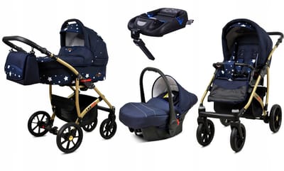 BabyLux® Kinderwagen 4in1 – LARGO - NAVY BLUE STAR GOLD FRAME - Opklapbare Wandelwagen incl. Reiswieg, Multifunctionele Buggy Sportstoel, Autostoel, ISOFIX basisstation - Combi-kinderwagen met Luiertas, Regenhoes, Klamboe