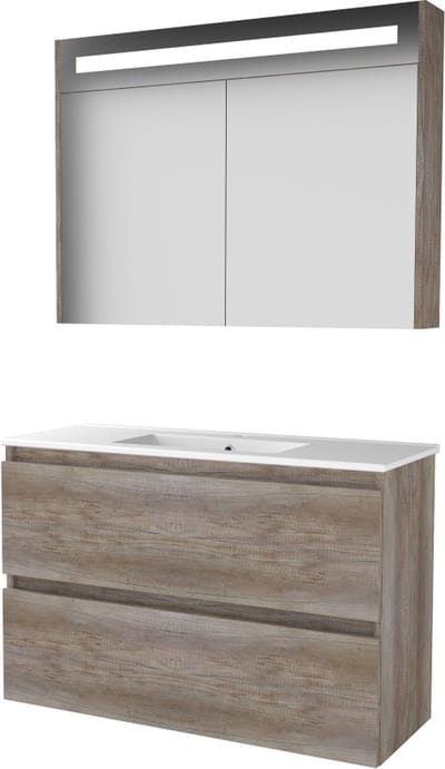 Basic Premium 39 badmeubelset met spiegelkast met geïntegreerde LED verlichting, greeploze wastafelonderkast met 2 lades en porseleinen wastafel met 1