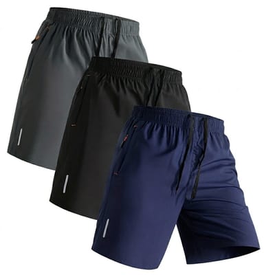 Grijs zwart blauw sport short heren – fitness short met ritszakken – ademende training short met elastische taille en trekkoord – sport broek voor hardlopen fitness en training – maat S – set van 3