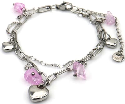 Armband - hartjes met stenen - RVS - 16-21 cm - roze – valentijn – cadeau
