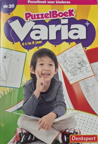 Denksport nr 20 Puzzelboek voor kinderen Varia - 6 t/m 8 jaar WoordLijnpuzzel, zoeker, Doolhof, cijferlegpuzzel, Tectponic, Zweedse cijfercode, zoek de verschillen, Kleurplaat, Sudoku,Binaire puzzel , tel en kleur, Woordzoeker, boter kaas en eieren