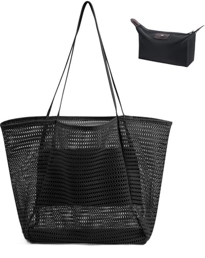 Dailygoody - Flintronic Mesh Strandtas - Dames Reistas - Groot Met Ritssluiting - Zwart - Opvouwbare Handtas - Ideaal Voor Strand En Fitness