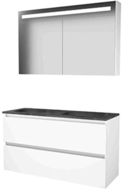 Basic-Line Premium 46 Badkamermeubelset - 120 x 46 cm - Greeploos - 2 Lades - Hardstenen Wastafel - 2 Kraangaten - Spiegelkast met LED Verlichting - Ice White
