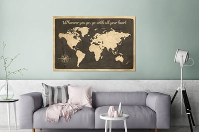Aluminium schilderij 120x80 cm - Wanddecoratie metaal - Wereldkaart - Kompasroos - Quote - Metalen muurdecoratie woonkamer - Decoratie industrieel - Foto op dibond - Industriële accessoires slaapkamer