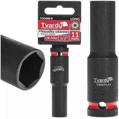 Tvardy slagdop lang zeskant 11 mm - chroom-molybdeenstaal - aansluiting 12,7 mm vierkant - zwart - voor slagmoersleutel, auto en industrie