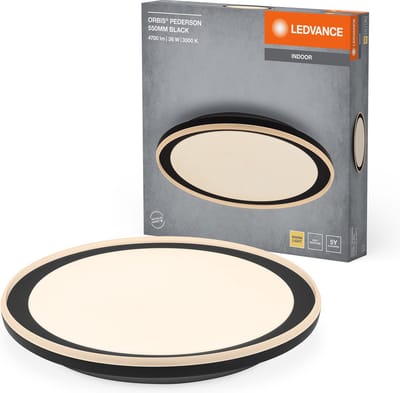 LEDVANCE ORBIS Pederson LED plafondlamp met kunststof ring, zwart, 36W, 2500lm, 3000K, 830 vriendelijk warm wit, 550mm diameter, IP20 bescherming, inclusief montageschroeven en pluggen