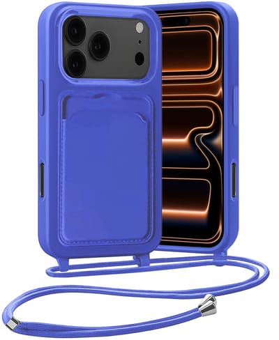 Hoesje Geschikt voor iPhone 17 Pro / 18 Pro Hoesje Met Telefoonketting Pasjeshouder Case Koord - Hoesje Geschikt voor iPhone 17 Pro / 18 Pro Hoes Met Kaarthouder - Felblauw