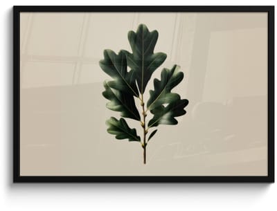 Poster in lijst - Fotolijst 90x60 cm - Posters - Eikenbladeren - Beige - Groen - Golvende randen - Posterlijst zwart - Decoratie - Wanddecoratie woonkamer - Muurdecoratie slaapkamer