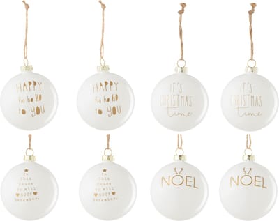 J-Line kerstbal 2+2+2+2 Tekst Kerstmis - glas - wit/goud - doos van 8