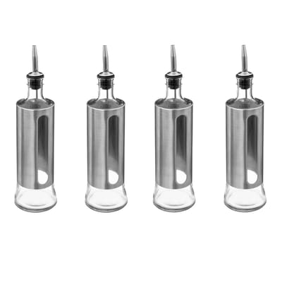 5Five Azijn/Olie flessen voor op tafel - 4x - glas/metaal - transparant/zilver - olijfolie en tafelazijn - 500 ml per fles