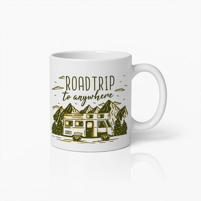 Road Trip to Anywhere Mok – 330 ml Reis Koffiebeker – Avontuurlijk Camper Ontwerp – Perfect Cadeau voor Reizigers en Vanlife Liefhebbers