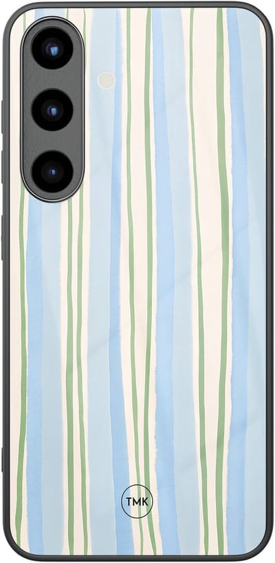 Hoesje geschikt voor Samsung Galaxy S25 - Pastelblauwe strepen - Blauw - TPU luxe case (glossy toplaag) - Gestreept - Hardcase backcover zwart