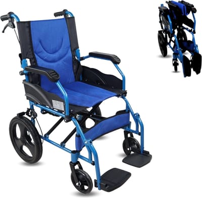 Mobiclinic Pirámide - Rolstoel - Opvouwbaar - Zitbreedte 46 cm - Aluminium - Lichtgewicht - Anti-lek banden - Rem op hendels - Voetsteunen - armleuningen - Blauw