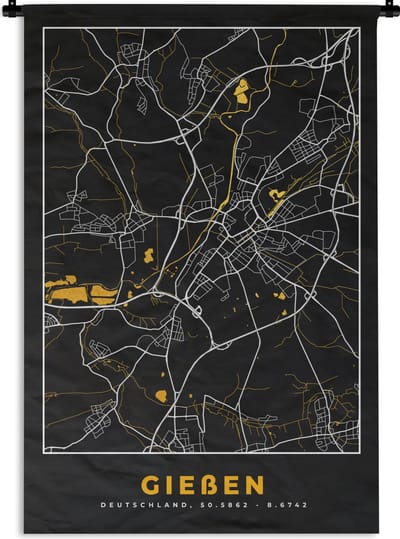 Wandkleed - Wanddoek - Duitsland – Black and Gold – Gießen – Stadskaart – Kaart – Plattegrond - 120x180 cm - Wandtapijt