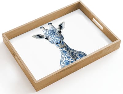 Dienblad hout 40x30 cm - Schootdienblad - Giraffe - Delfts blauw - Dieren - Minimalistisch - Borrelplank rechthoek - Plateau dienbladen