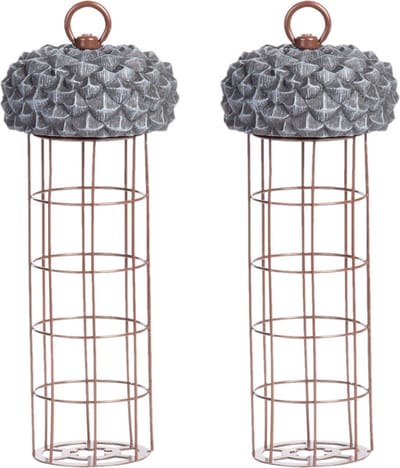 Esschert Design Vogel voedersilo - 2x stuks - eikeldeksel voor vetbollen - metaal/pvc - 28 cm - vogelvoederhuisje