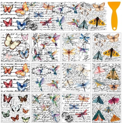 Dailygoods- Transferstickers 12 Vellen - Dierenpoëzie - Kleurrijke Vlinder/Kolibrie/Libelle - Wrijven op Transfers - Meubelsticker - 12 x 13 cm - Decoratiestickers