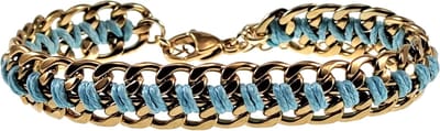 18cm tot 22cm Armband Dames - Breed - Verguld RVS - Cubaanse Schakelsarmband met Lichtblauw Koord - Verstelbaar