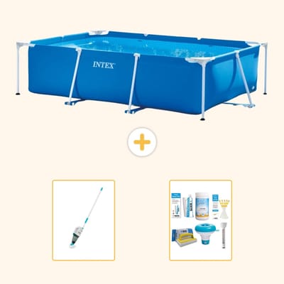 Intex Rechthoekig Frame Zwembad - 300 x 200 x 75 cm - Blauw - Inclusief Stofzuiger - Onderhoudspakket - 3-delig