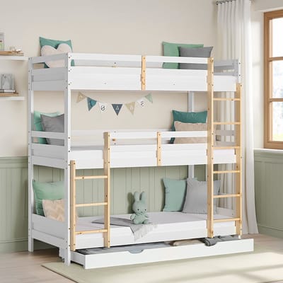 Homestyle4u Kinderbed - 90x200 cm - Hoogslaper voor 3 kinderen - wit en natuurkleur