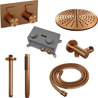 BRAUER Copper Carving thermostatische inbouw regendouche met drukknoppen SET 54 met 30 cm douchekop en plafondarm en staaf handdouche en doucheslang en wandaansluitbocht koper geborsteld PVD