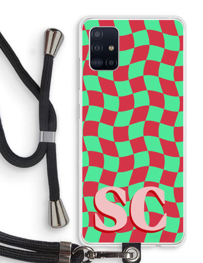 Gepersonaliseerd - Case Company® - Hoesje met koord geschikt voor Samsung Galaxy A51 4G hoesje met Koord - Grid Monogram - Telefoonhoesje met Zwart Koord - Bescherming aan alle Kanten en Over de Schermrand