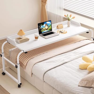 Overbedtafel met wielen - Bedtafel laptoptafel - Ontbijt op bed - Verstelbare hoogte breedte - 115-210 cm - Wit