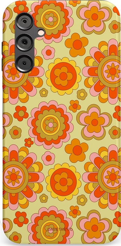 Casetastic Hoesje Geschikt voor Samsung A14 (5G/4G) - Stijlvolle Beschermende Duo-layer Case - Retro Oranje Bloemen