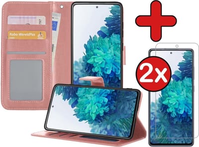 Hoesje - Met 2x Screenprotector - Geschikt voor Samsung Galaxy S20 FE - Luxe Pasjeshouder - Flip Case - Bookcase Portemonee - Kunstleer Book Case - Flipcase Hoes - Book Cover - Walletcase - Portemonneehoes - Telefoonhoes - Rosé goud