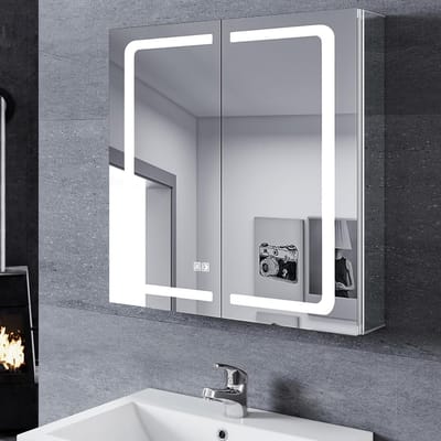 LED Spiegelkast Badkamer 65x65 cm - 2-deurs, Draadloos Scharnier, Touchschakelaar, Anti-condens, Verstelbare Legplanken, Waterdicht Stopcontact, Aluminium